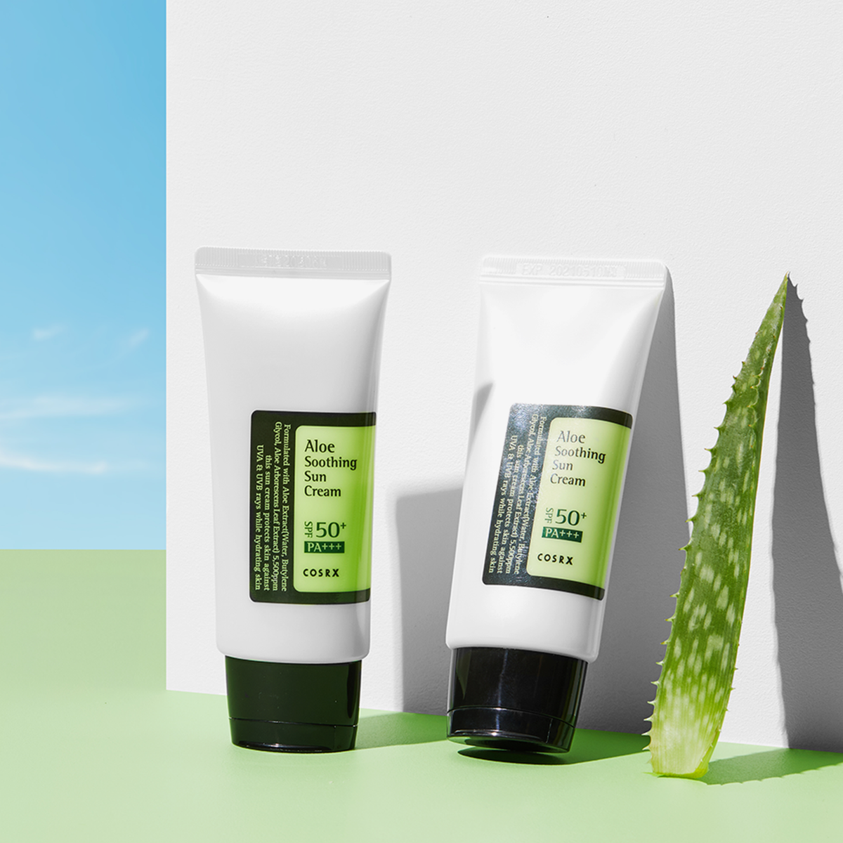 Zwei Tuben Aloe Soothing Sun Cream SPF50+ PA+++ neben einem Aloe-Vera-Blatt auf buntem Hintergrund.