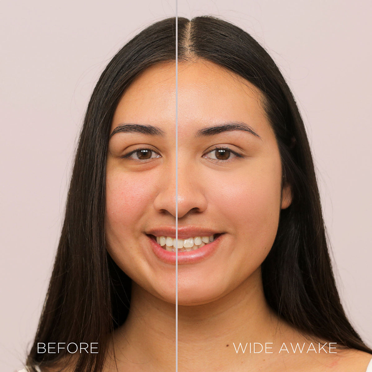Gesicht einer Frau vor und nach der Verwendung des Wide Awake Full Coverage Concealers Cream Brulee; nachher ebenmäßig Teint.
