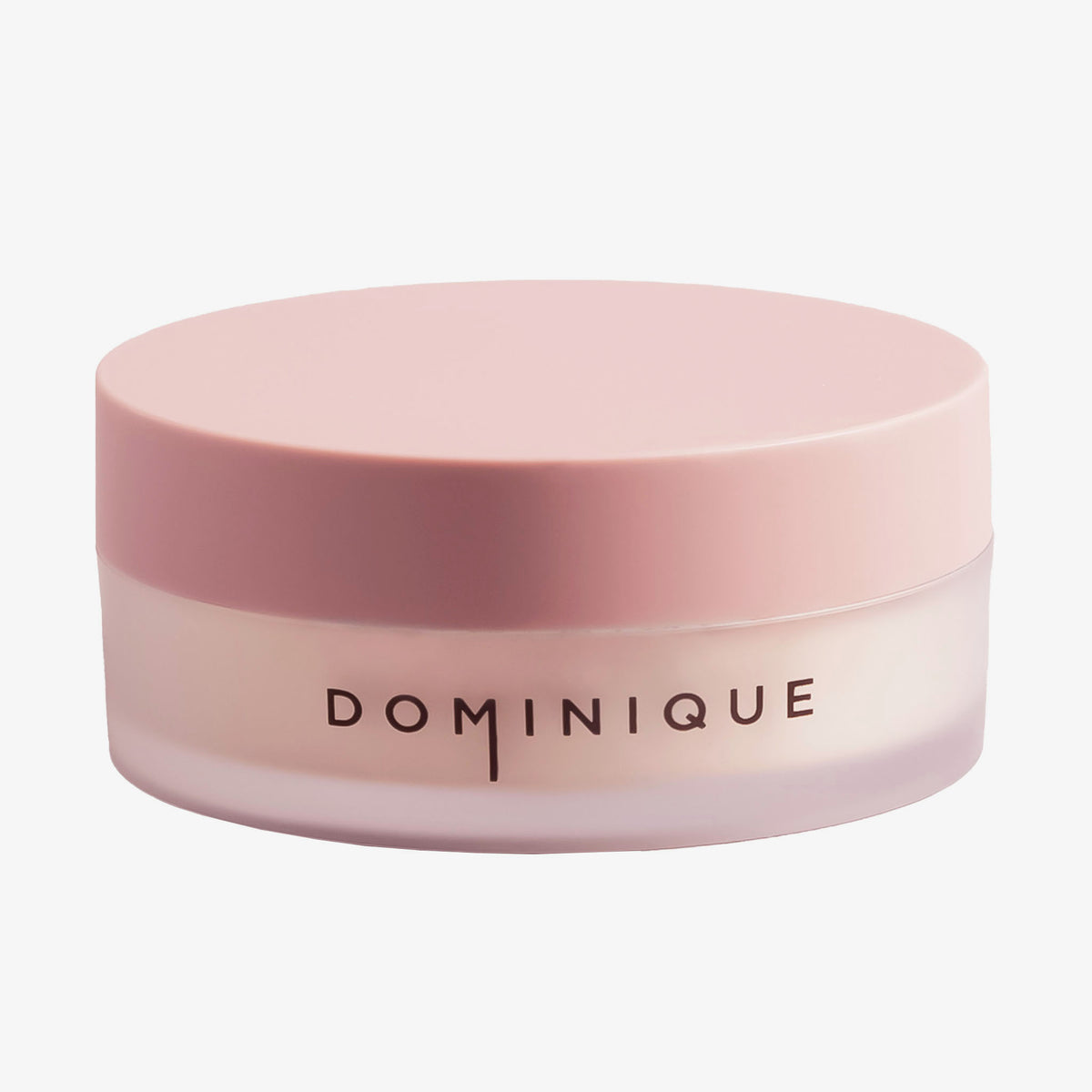 Ein rundes Gefäß mit rosa Deckel und der Aufschrift „DOMINIQUE“, das Smooth & Blur Setting Powder enthält.