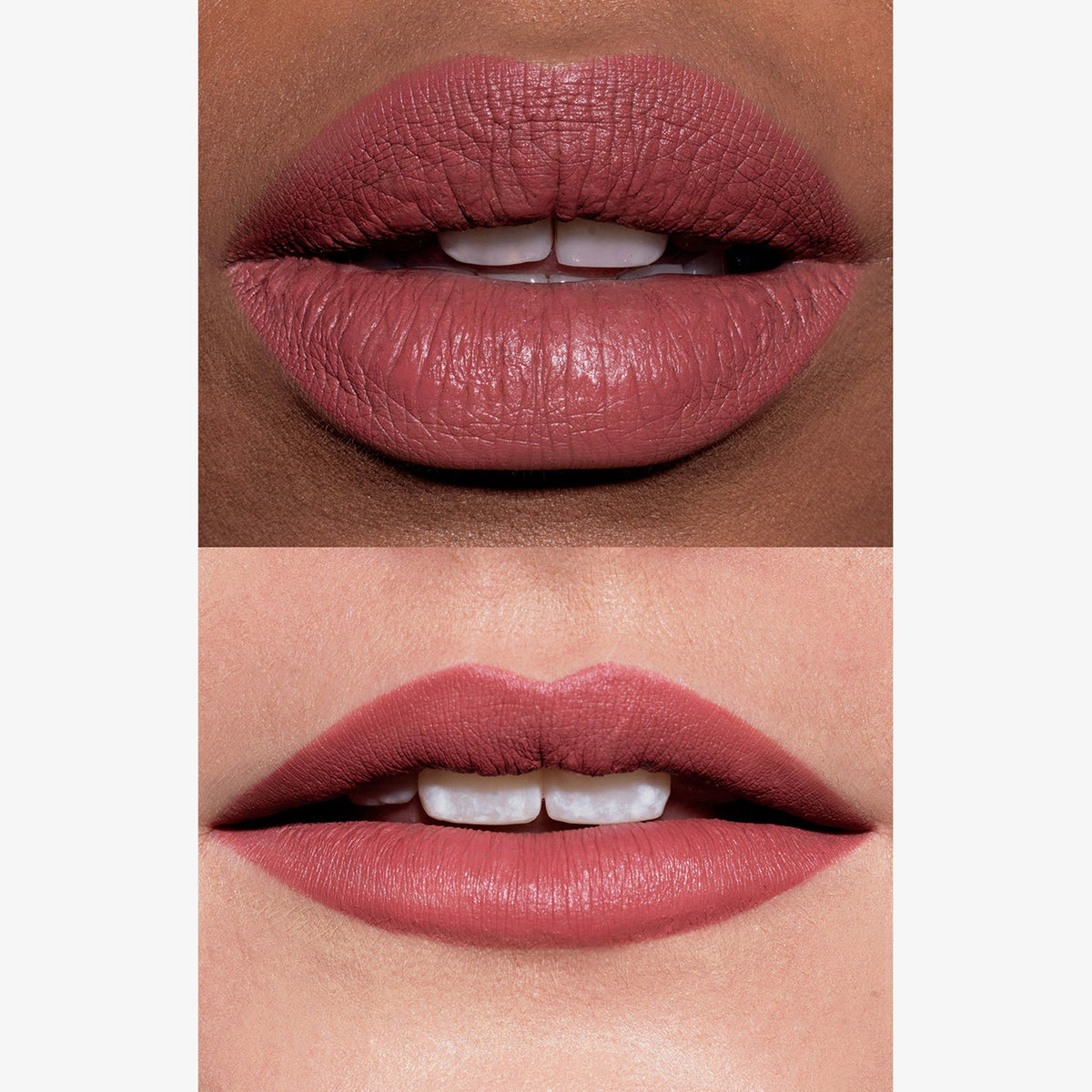 Zwei Lippen mit LH Cosmetics Crayon Cherry in mattem Malven-Ton, auf heller und dunkler Haut gezeigt. 