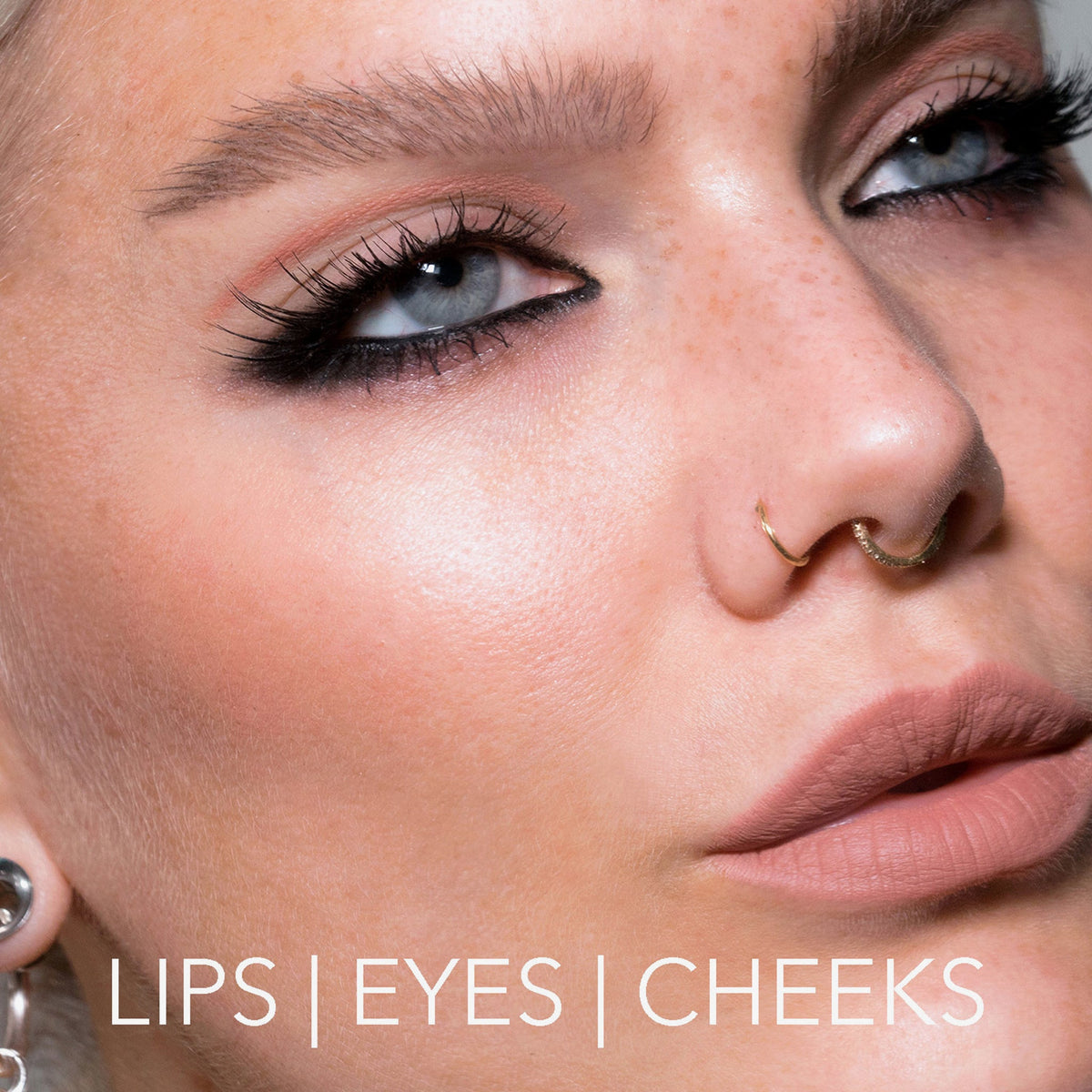 Nahaufnahme einer Frau mit auffälligem Make-up, Lidstrich und nudefarbenen Lippen, kreiert mit dem Crayon Lipliner Mellow Mauve von LH Cosmetics. Text: Lips | Eyes | Cheeks.