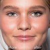 Vorher-Nachher-Bild des Gesichts einer Frau vor und nach dem Auftragen der Infinity Power Lash Lengthening Mascara von LH Cosmetics; nachher längere und definierte schwarze Wimpern.