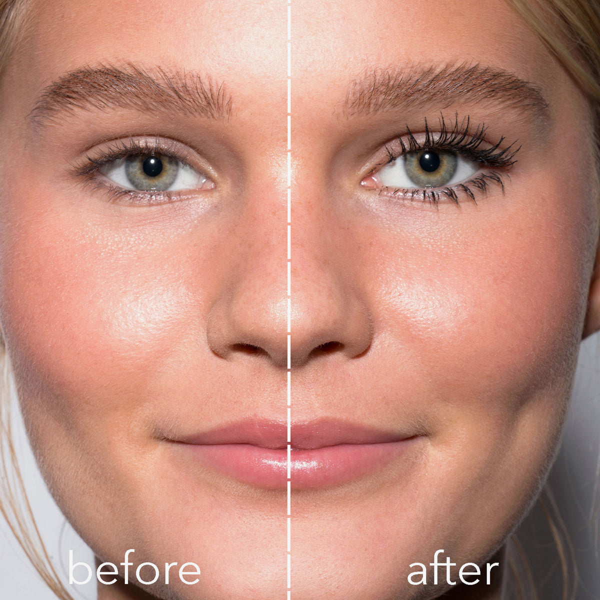 Vorher-Nachher-Bild des Gesichts einer Frau vor und nach dem Auftragen der Infinity Power Lash Lengthening Mascara von LH Cosmetics; nachher längere und definierte schwarze Wimpern.