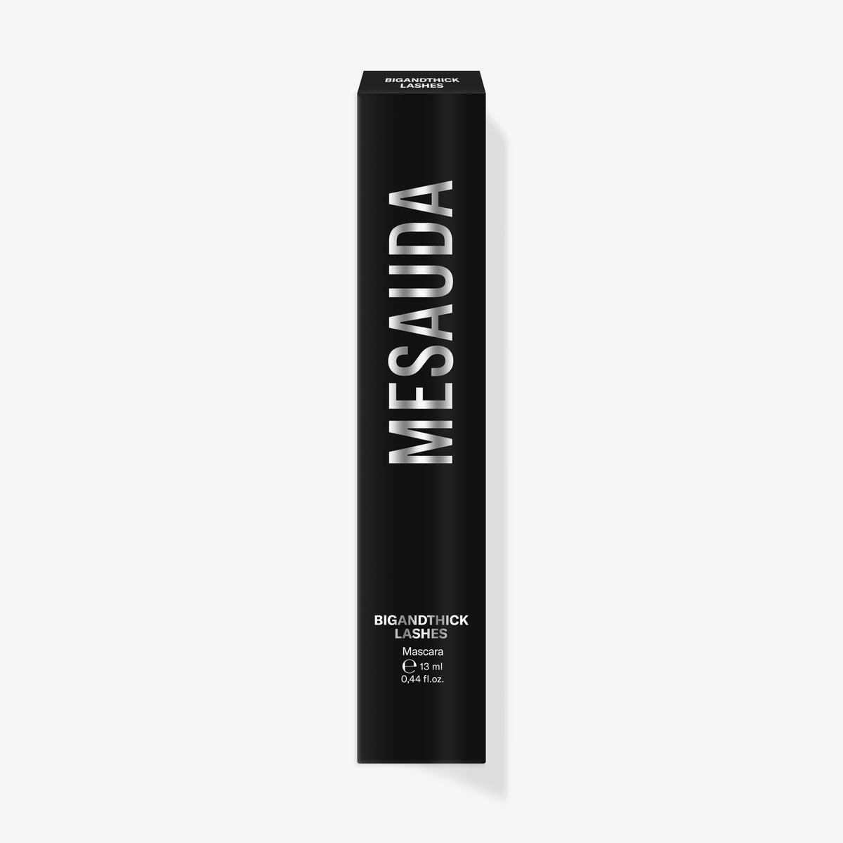 Große schwarze Schachtel von Mesauda Beauty in fetten weißen Buchstaben; beschriftet als Big and Thick Lashes mascara, 20 ml.