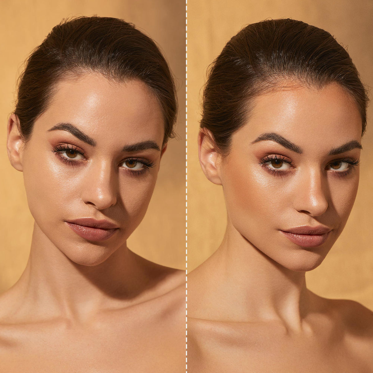 Nebeneinander stehende Porträts einer Frau mit leichtem Make-up, neutralen Lippen und zurückgekämmten Haaren vor einem goldenen Hintergrund zeigen die Bronze Venus von Mesauda Beauty.