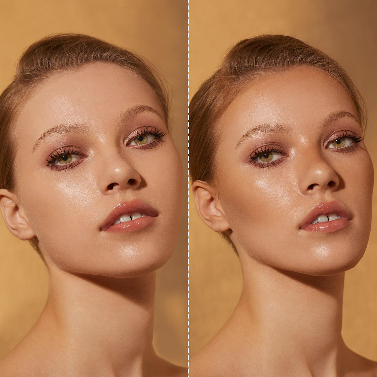 Gegenüberstellung einer geschminkten Frau mit und ohne dem Bronzer Bronze Venus von Mesauda Beauty.
