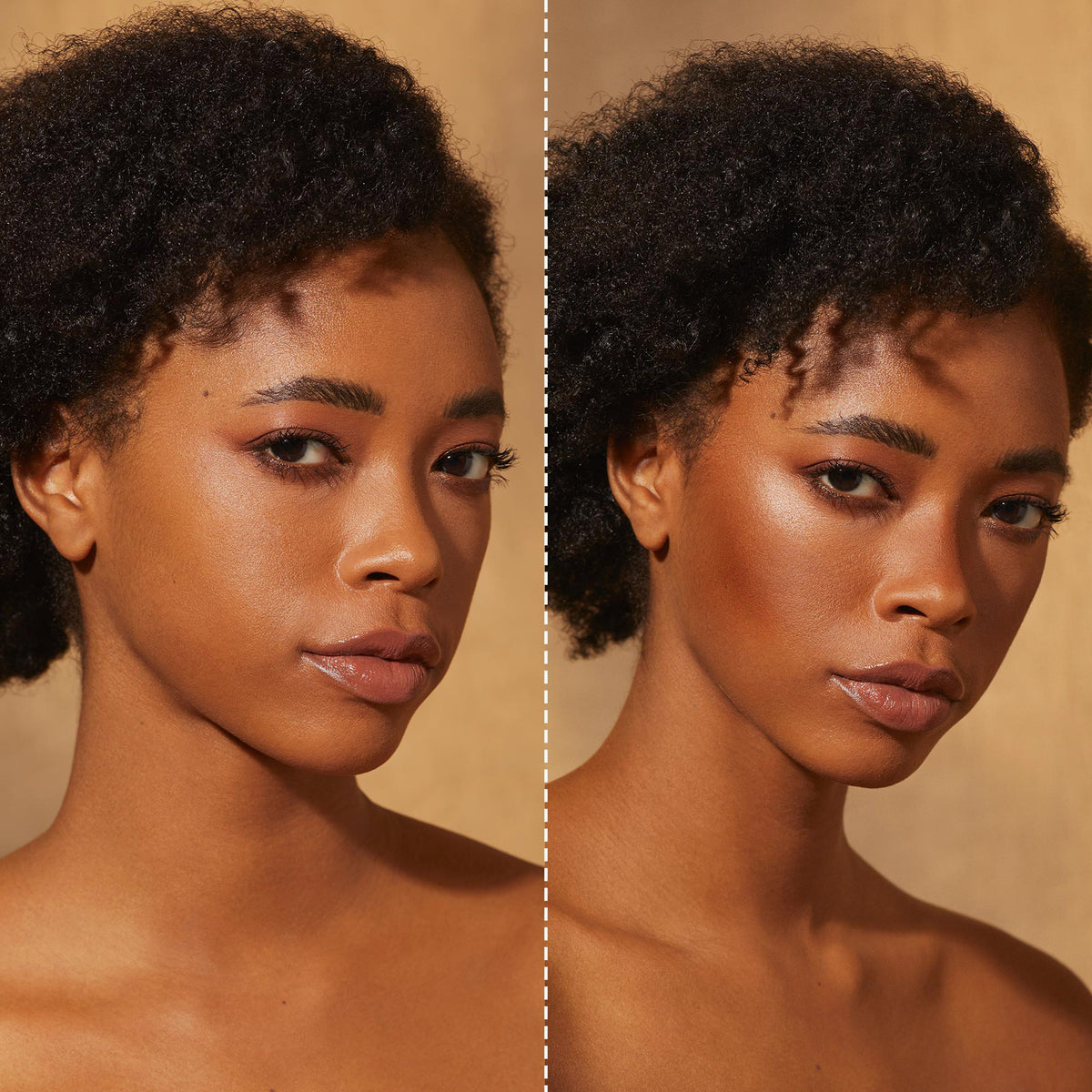 Gegenüberstellung einer geschminkten Frau mit und ohne dem Bronzer Bronze Venus von Mesauda Beauty.

