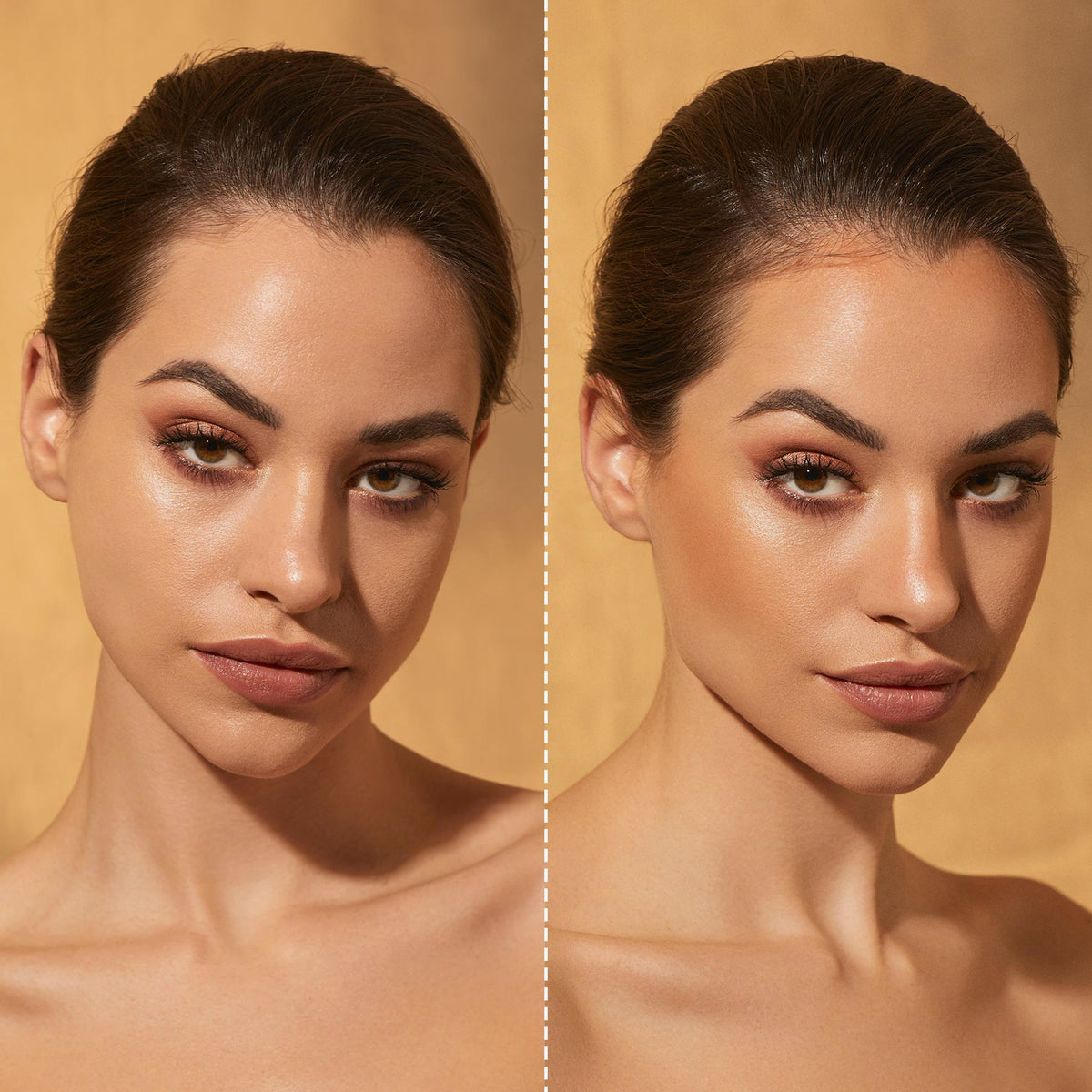 Gegenüberstellung einer geschminkten Frau mit und ohne dem Bronzer Bronze Venus von Mesauda Beauty.
