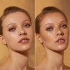 Gegenüberstellung einer geschminkten Frau mit und ohne dem Bronzer Bronze Venus von Mesauda Beauty.
