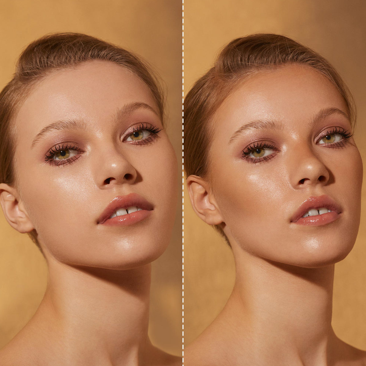 Gegenüberstellung einer geschminkten Frau mit und ohne dem Bronzer Bronze Venus von Mesauda Beauty.
