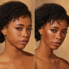 Gegenüberstellung einer geschminkten Frau mit und ohne dem Bronzer Bronze Venus von Mesauda Beauty.

