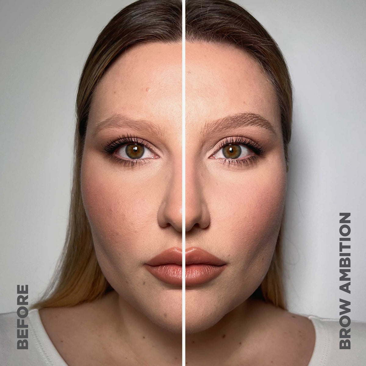 Das geteilte Bild des Gesichts einer Frau zeigt ihre Augenbrauen vor und nach der Verwendung von Brow Ambition, beschriftet mit „Vorher“ und „Brow Ambition“.