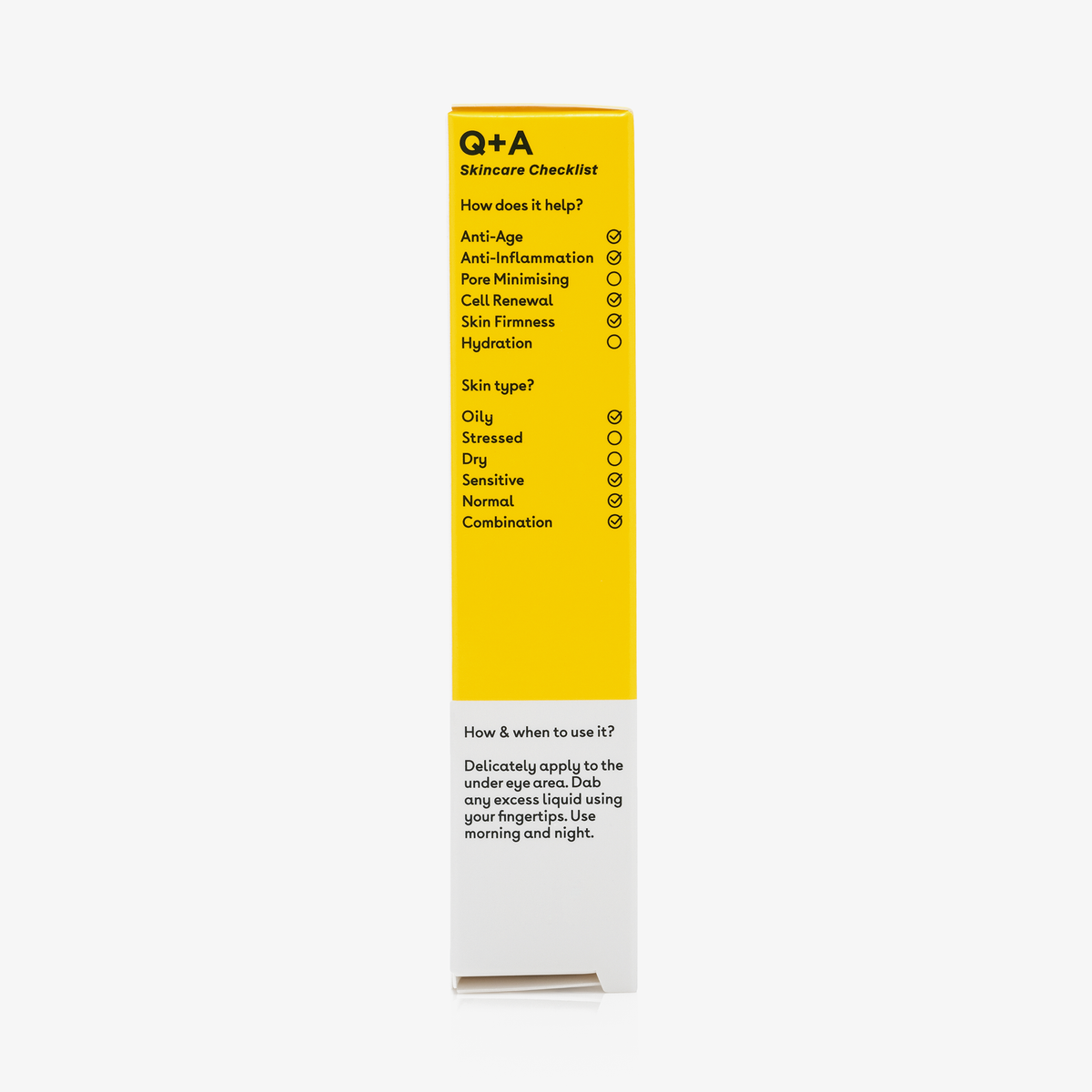 Seite der gelb-weißen Verpackung mit einer in schwarzer Schrift aufgedruckten Checkliste mit Vorteilen und Hauttypen.
