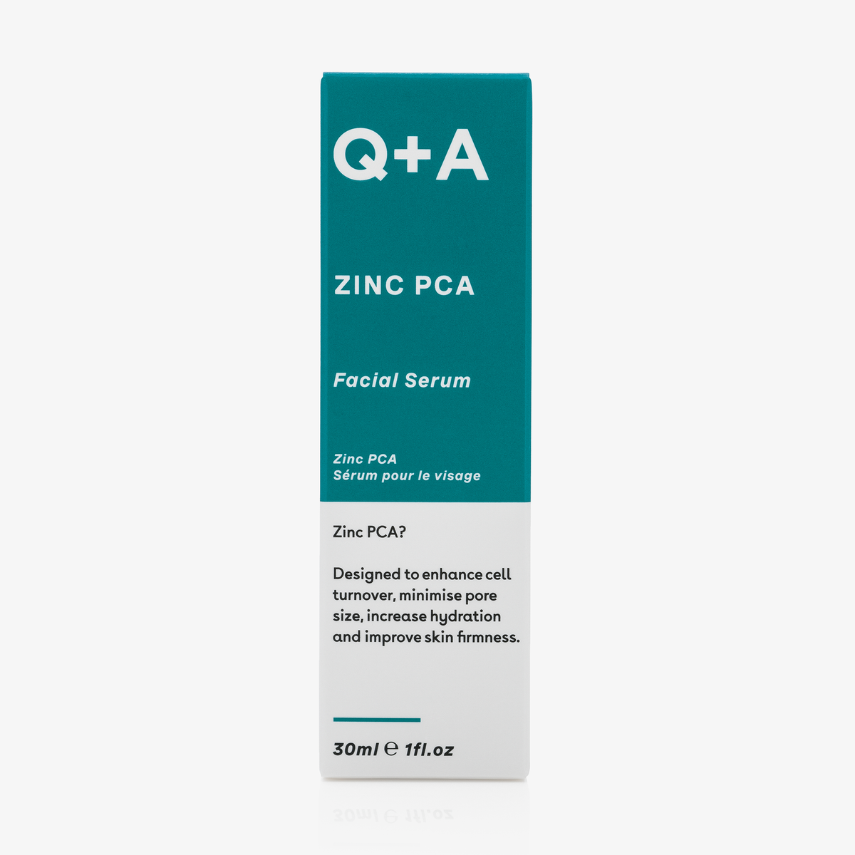 Eine Schachtel Zink-PCA Facial Oil in Blaugrün und Weiß mit Produktdetails auf der Vorderseite.