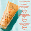 NUXE Sun Delicious Lotion SPF 50 auf einer hellen Oberfläche präsentiert, mit Text und Prozentangaben, die seine Vorteile hervorheben.
