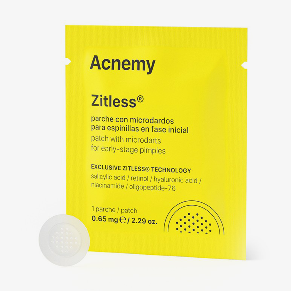 Eine Einzelpackung eines Acnemy Zitless® Patch vor weißem Hintergrund