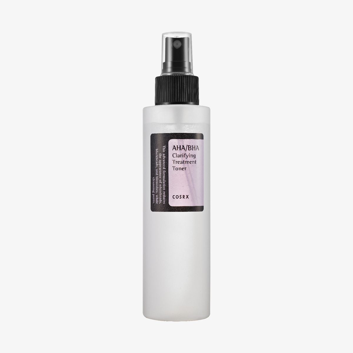 Transparente Flasche AHA/BHA Clarifying Treatment Toner mit schwarzem Sprühkopf vor weißem Hintergrund.