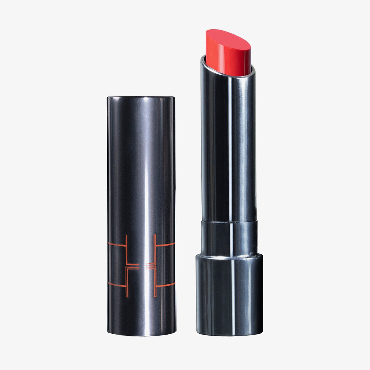 Dunkler silberner Drehstift des Fantastick Lipstick I DIE von LH Cosmetics mit korallfarbenem Lippenstift auf weißem Hintergrund.