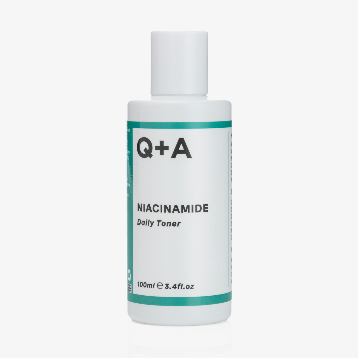 Weiße Flasche des Q+A Niacinamide Daily Toner, 100 ml, mit grünem Rand und schwarzer Aufschrift auf hellem Hintergrund.
