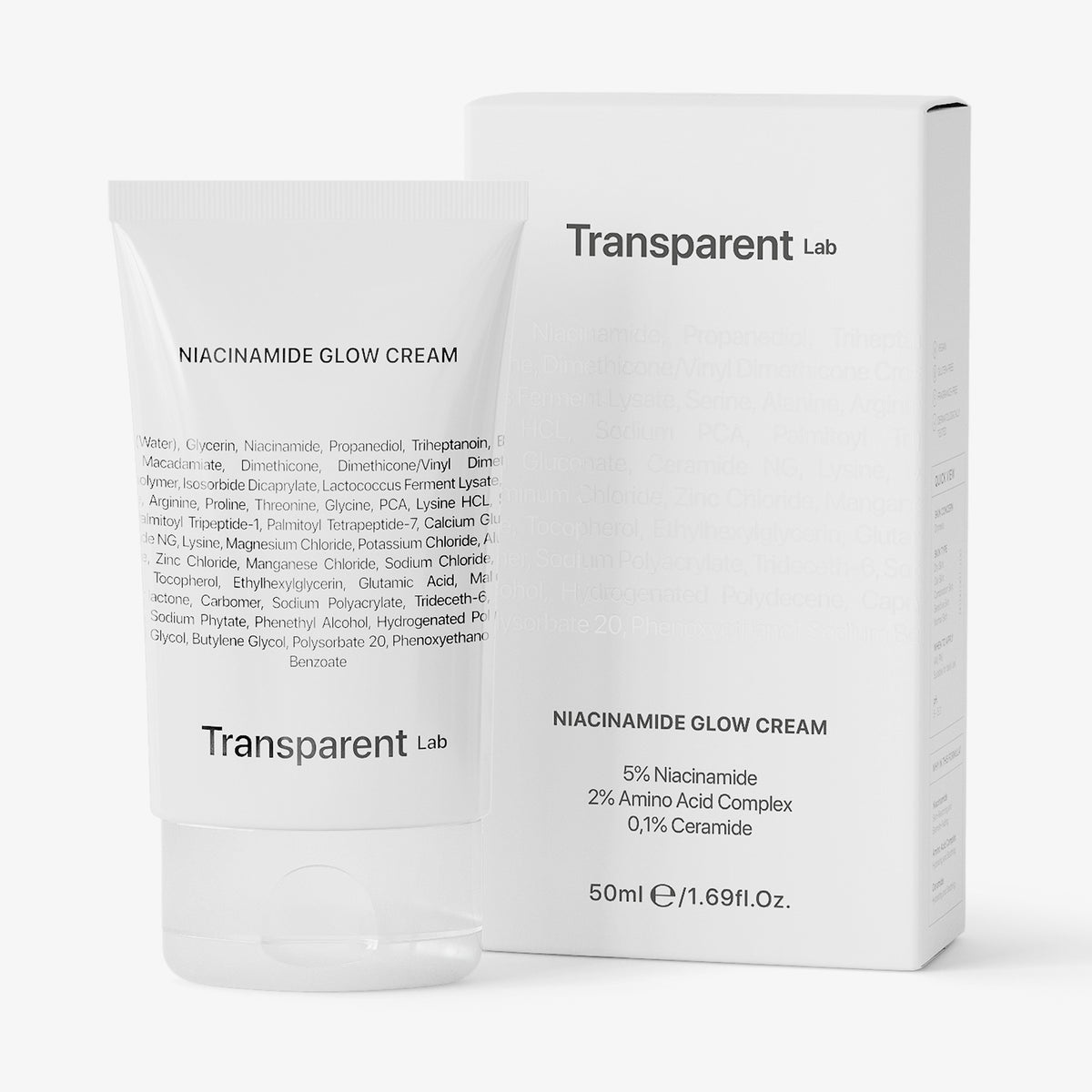 Eine Tube und Schachtel Niacinamide Glow Cream von Transparent Lab mit Produktdetails.