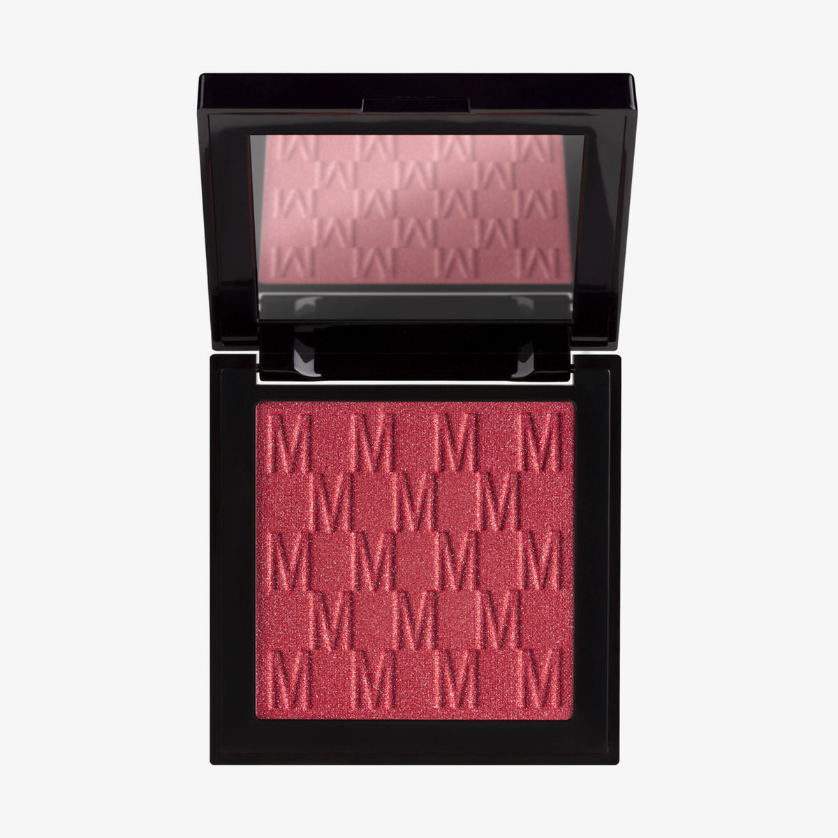 Das Rouge At First Blush von Mesauda Beauty in einer quadratischen Produktschale und integriertem Spiegel im Deckel und eingeprägtem M-Muster.
