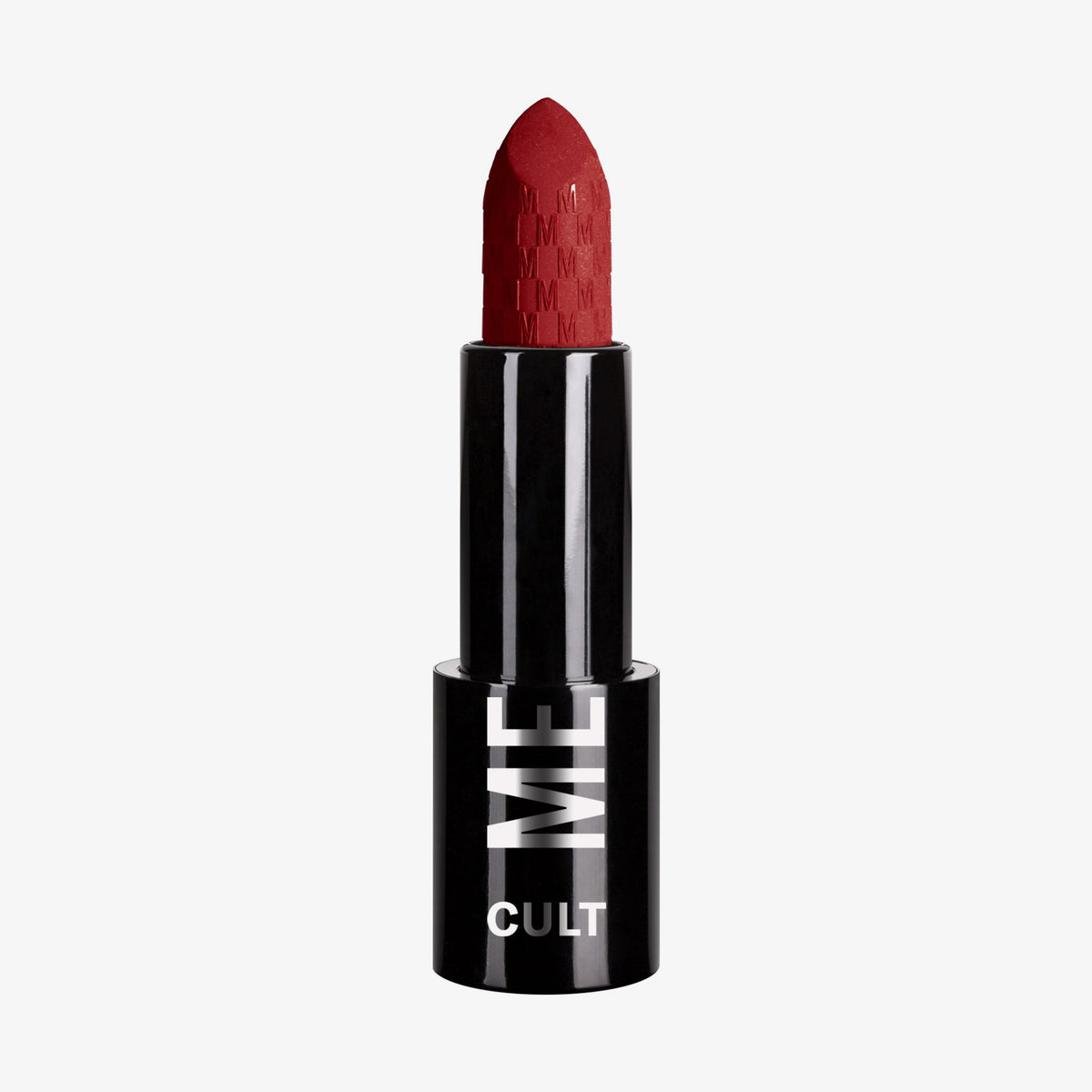 Ein roter Cult Matte Lipstick von Mesauda Beauty in einer schwarzen Tube mit der Aufschrift CULT, abgebildet auf einem schlichten weißen Hintergrund.