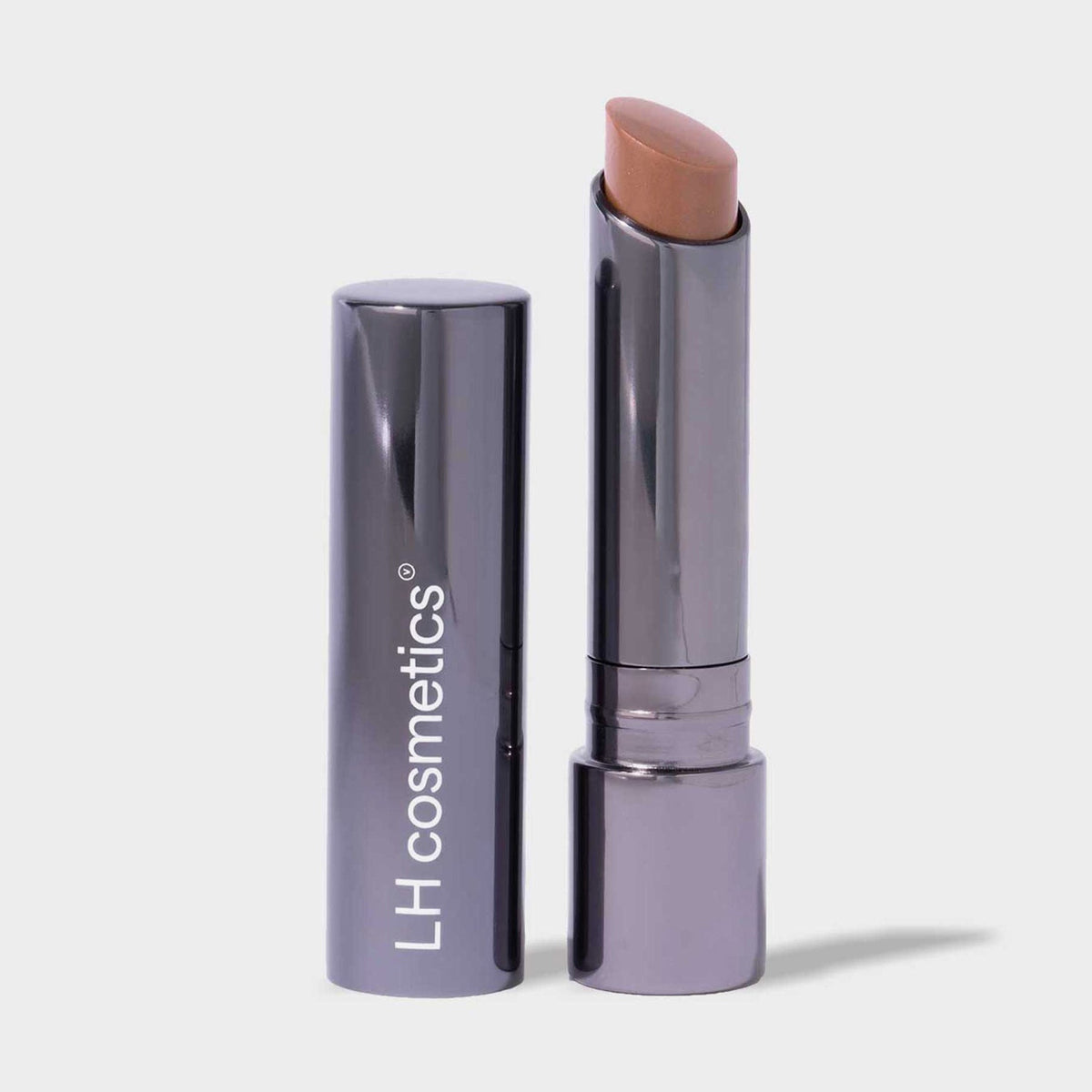 Dunkler silberner Drehstift des Fantastick Lipstick Topaz von LH Cosmetics mit  kühlem nudefarbenem Lippenstift auf weißem Hintergrund.