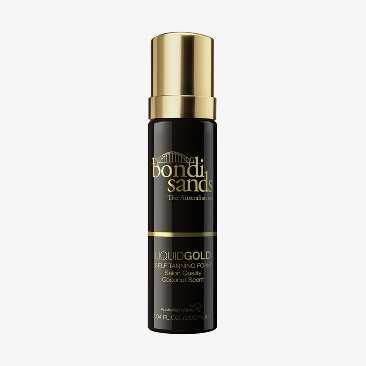 Flasche Bondi Sands Self Tanning Foam Liquid Gold mit gold-schwarzem Design vor weißem Hintergrund