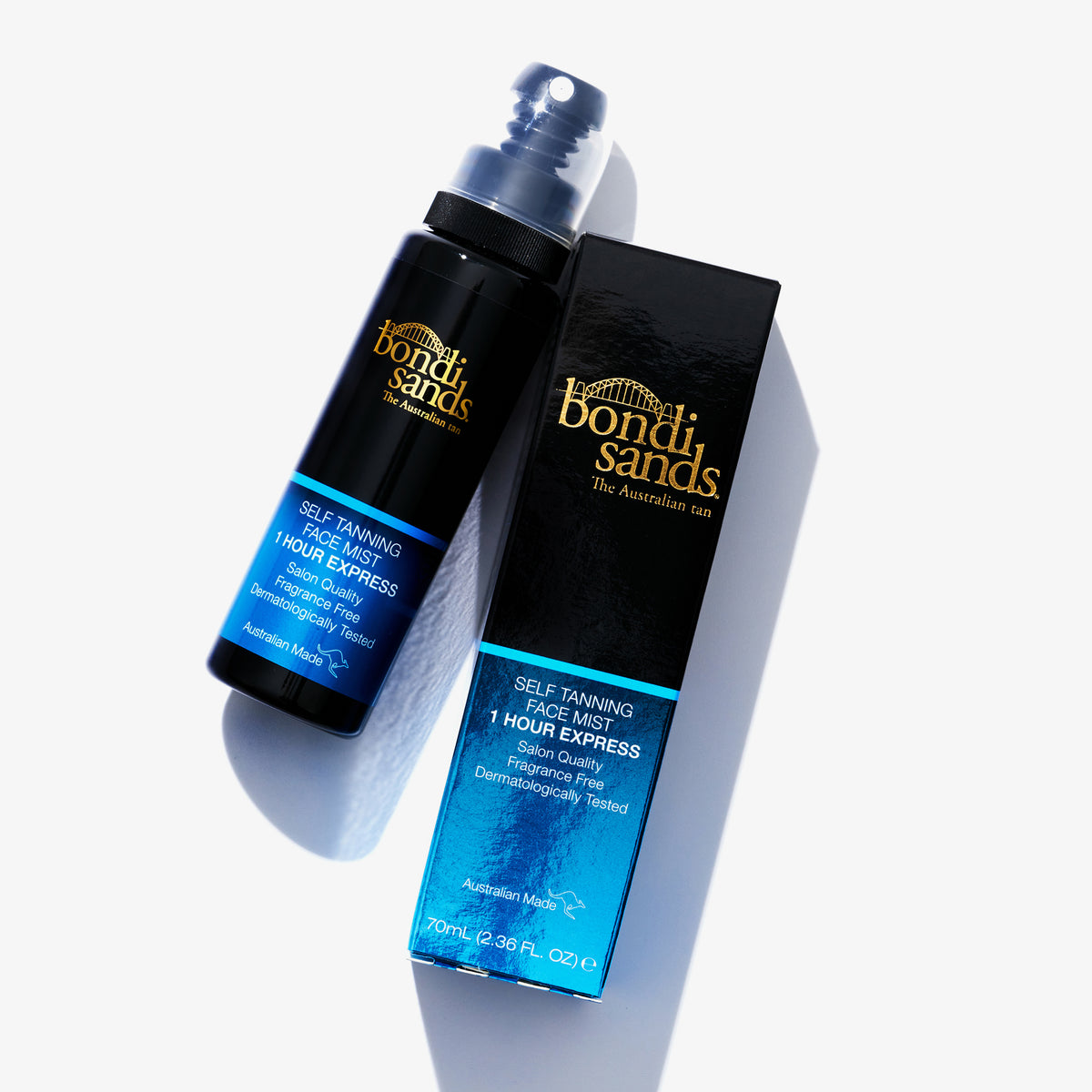 Flasche und Verpackung Self Tanning Face Mist One Hour Express von Bondi Sands auf weißem Hintergrund