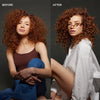 Vorher-Nachher-Bild einer Frau mit lockigem rotem Haar; nach Anwendung des Curl Wow Hooked Clean Shampoo deutlich definierte glänzende Locken