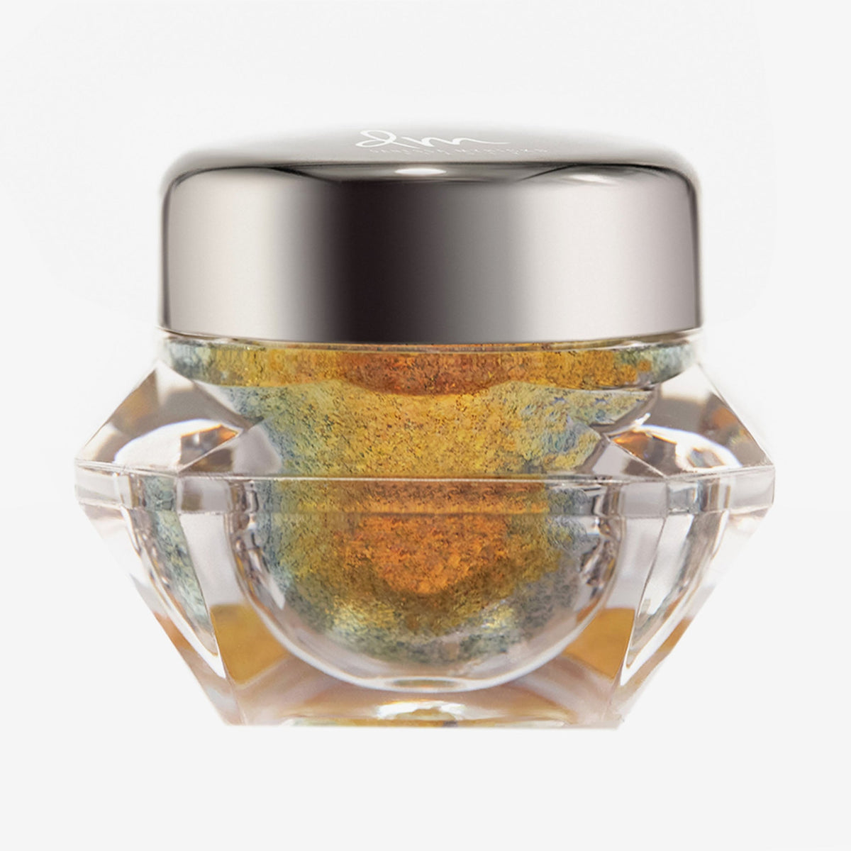Transparenter Tiegel Infinite Chrome Flakes Fire Ball mit orange-blau schillerndem Inhalt und silbernem Deckel vor weißem Hintergrund.