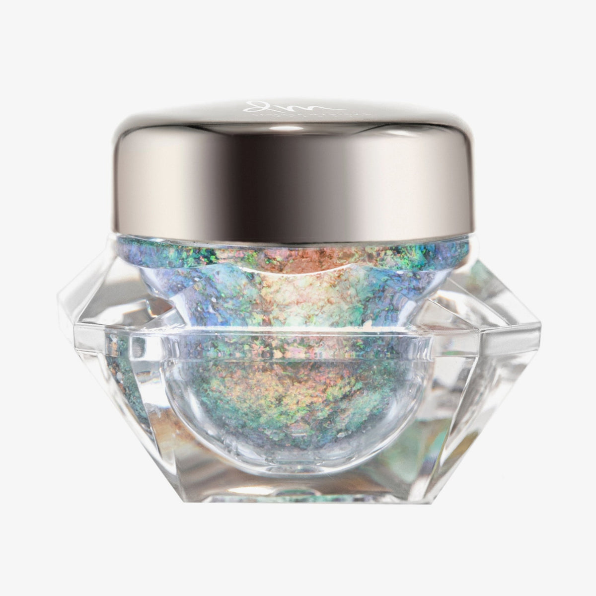 Transparenter Tiegel Infinite Chrome Flakes Firefly mit hellorange-blau schillerndem Inhalt und silbernem Deckel vor weißem Hintergrund.
