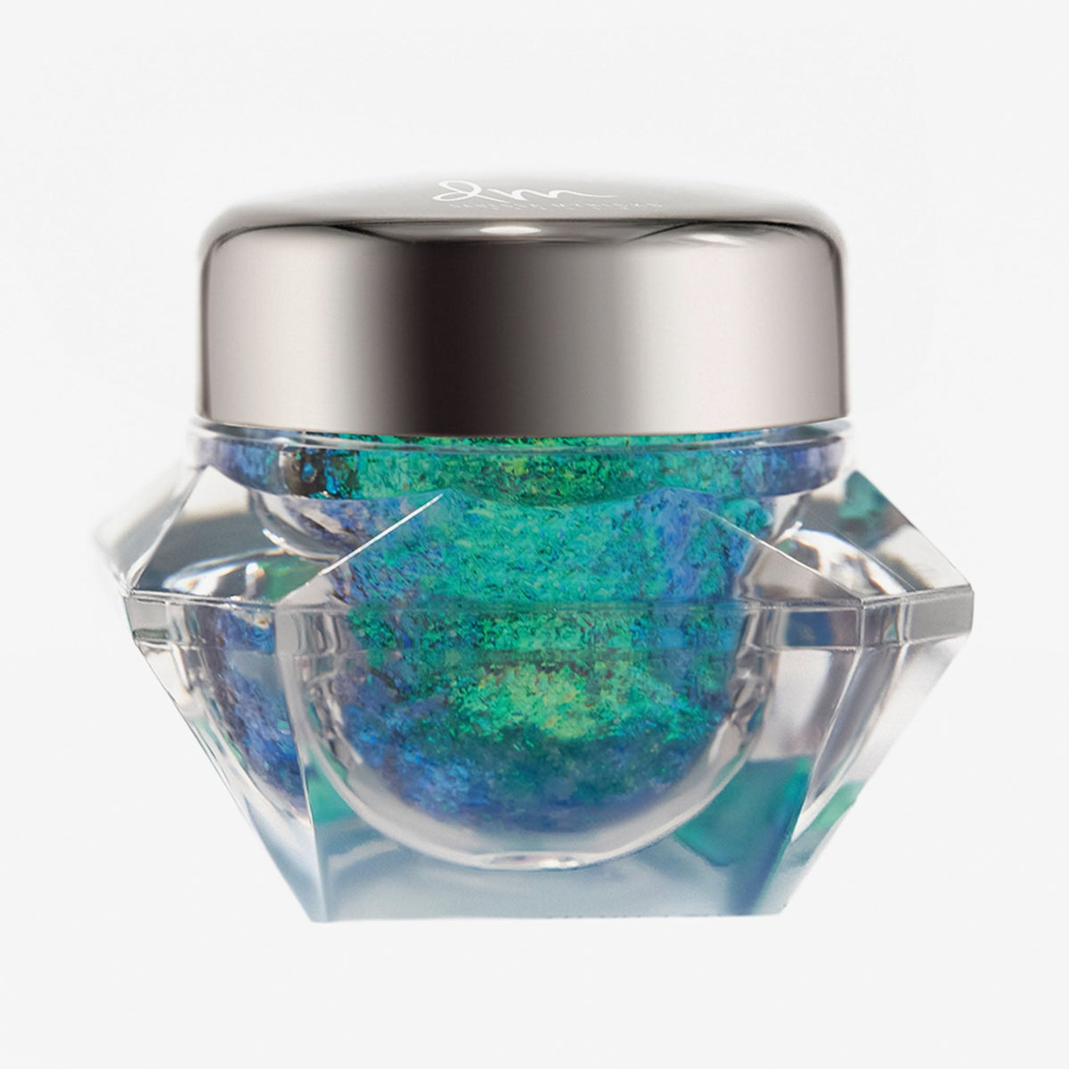 Transparenter Tiegel Infinite Chrome Flakes Laser Beam mit grün-blau schillerndem Inhalt und silbernem Deckel vor weißem Hintergrund.