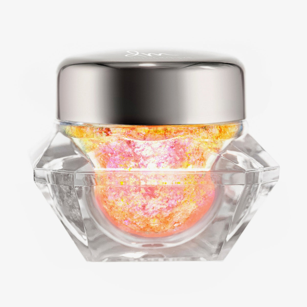 Transparenter Tiegel Infinite Chrome Flakes Monarch mit orange-gelb schillerndem Inhalt und silbernem Deckel vor weißem Hintergrund.