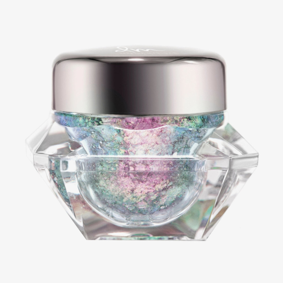 Transparenter Tiegel Infinite Chrome Flakes Pixie Dust mit lila-blau schillerndem Inhalt und silbernem Deckel vor weißem Hintergrund.