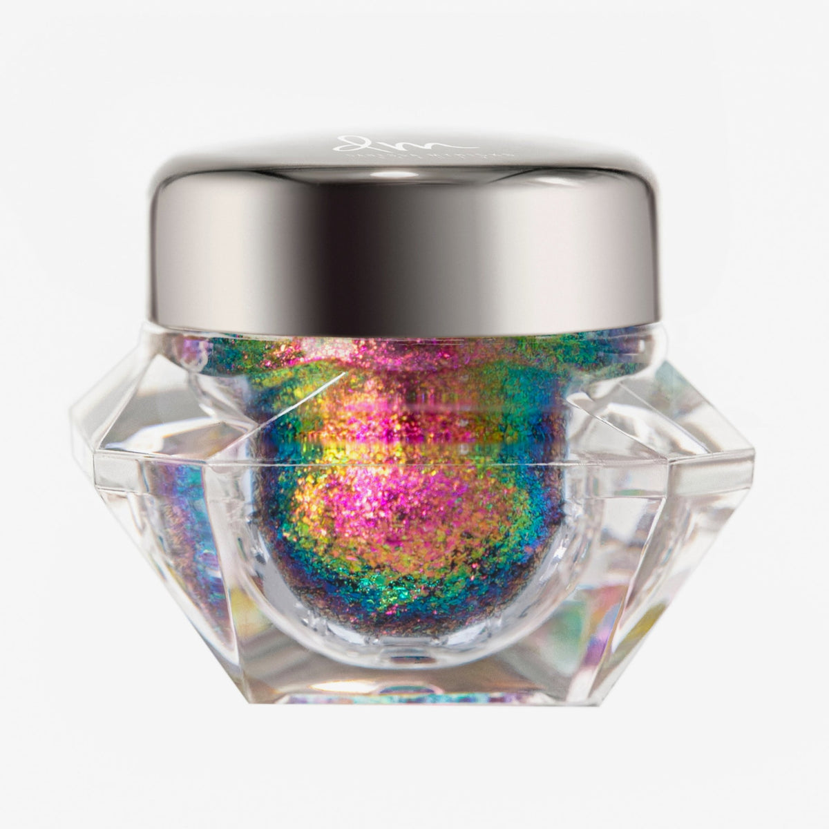 Transparenter Tiegel Infinite Chrome Flakes Pride mit bunt schillerndem Inhalt und silbernem Deckel vor weißem Hintergrund.