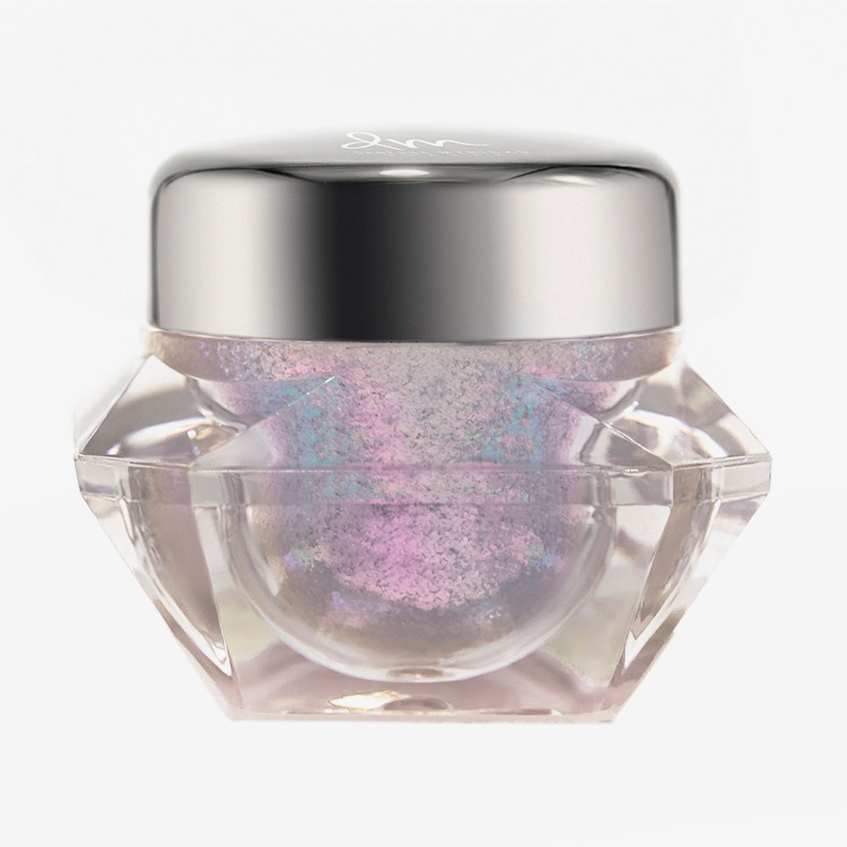 Transparenter Tiegel Infinite Chrome Flakes Strobe Light mit weiß-fliedernem schillerndem Inhalt und silbernem Deckel vor weißem Hintergrund.
