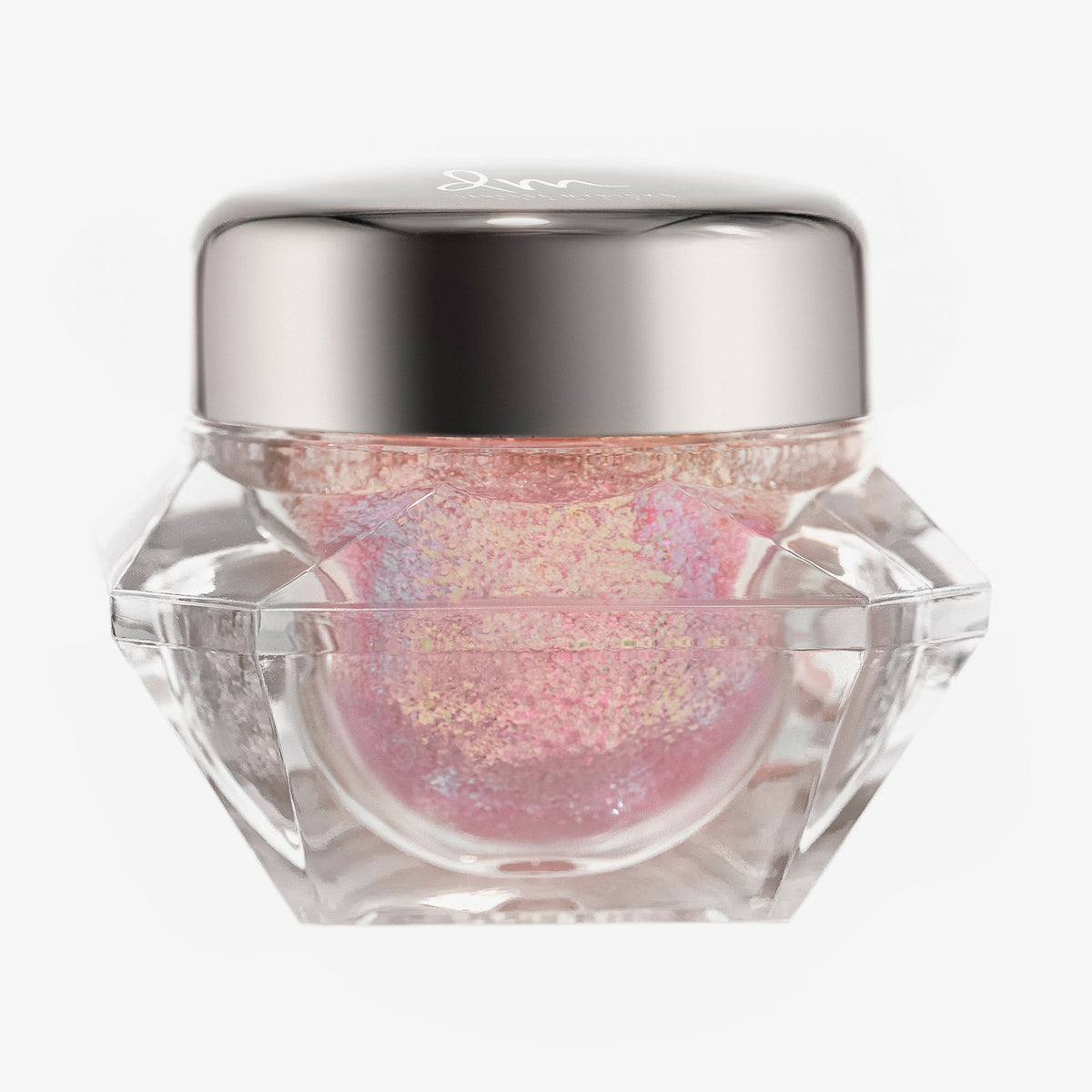 Transparenter Tiegel Infinite Chrome Flakes Sweet Tooth mit rosa schillerndem Inhalt und silbernem Deckel vor weißem Hintergrund.