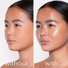 Nebeneinander einer Frau ohne (matt) und mit LH Cosmetics Shaping Light Warm Glow; nach Anwendung mit taufrischen, strahlenden Finish.