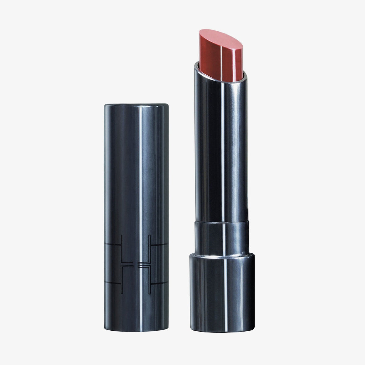 Dunkler silberner Drehstift des Fantastick Lipstick Goldstone von LH Cosmetics mit  dunkelroséfarbenem Lippenstift auf weißem Hintergrund.