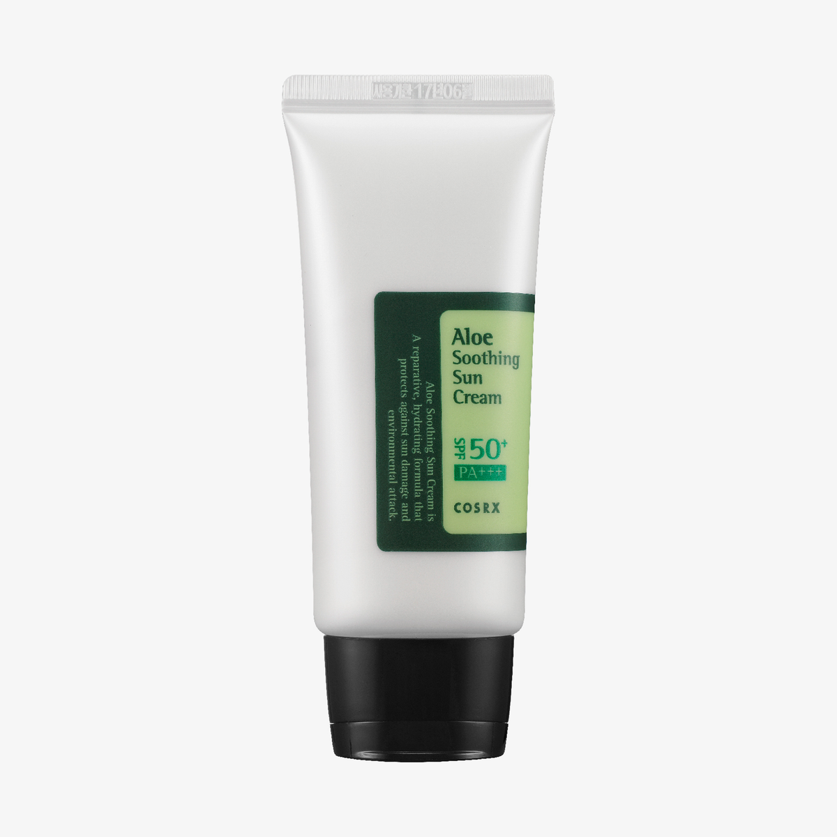 Weiße Tube Aloe Soothing Sun Cream SPF50+ PA+++ mit schwarzem Deckel und grünem Etikett.