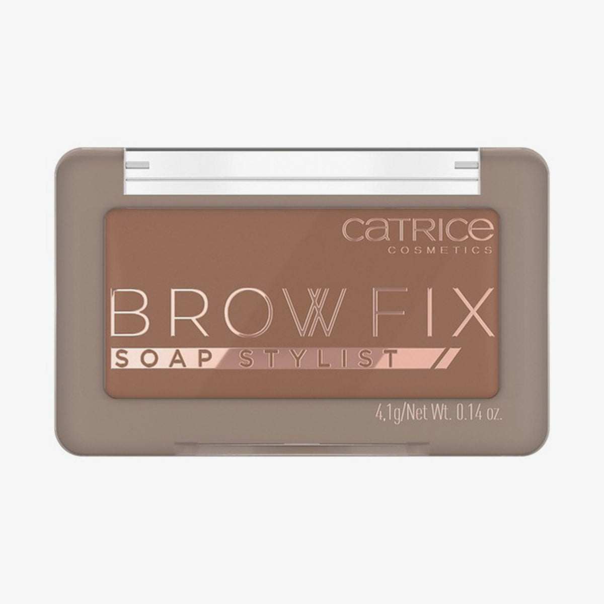 Geöffnete rechteckige Verpackung mit hellbraunem Brow Fix Soap Stylist 040 vor weißem Hintergrund.