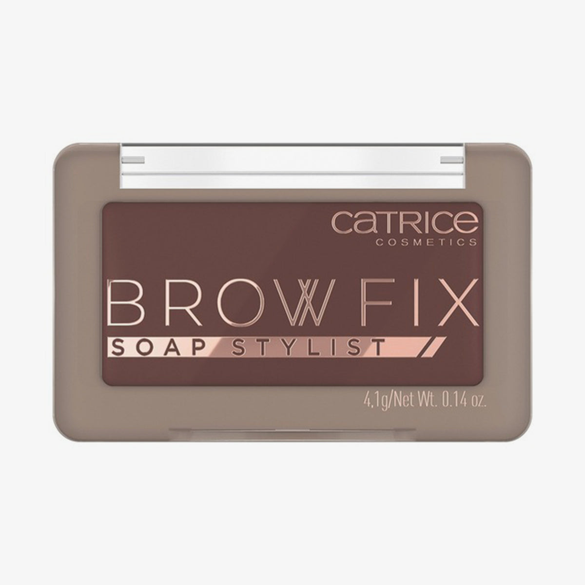 Geschlossene rechteckige Verpackung mit dunkelbraunem Brow Fix Soap Stylist 060 vor weißem Hintergrund.
