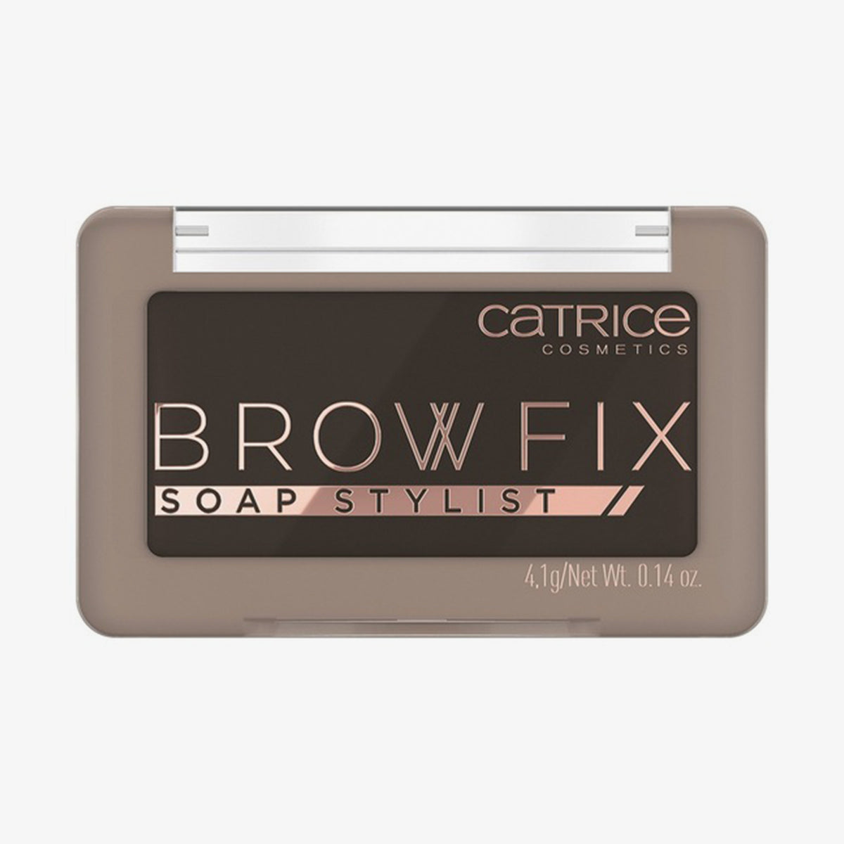 Geschlossene rechteckige Verpackung mit anthrazit-farbenem Brow Fix Soap Stylist 070 vor weißem Hintergrund.
