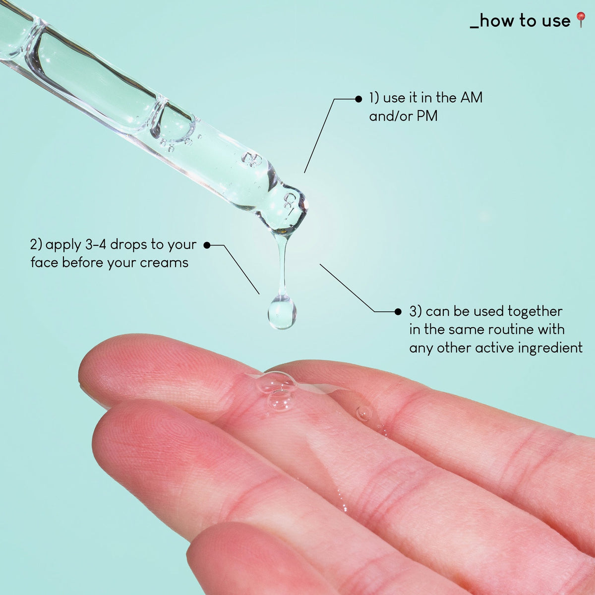 Eine Pipette gibt B-Bomb-Serum auf die Finger; daneben Gebrauchsanweisungen.